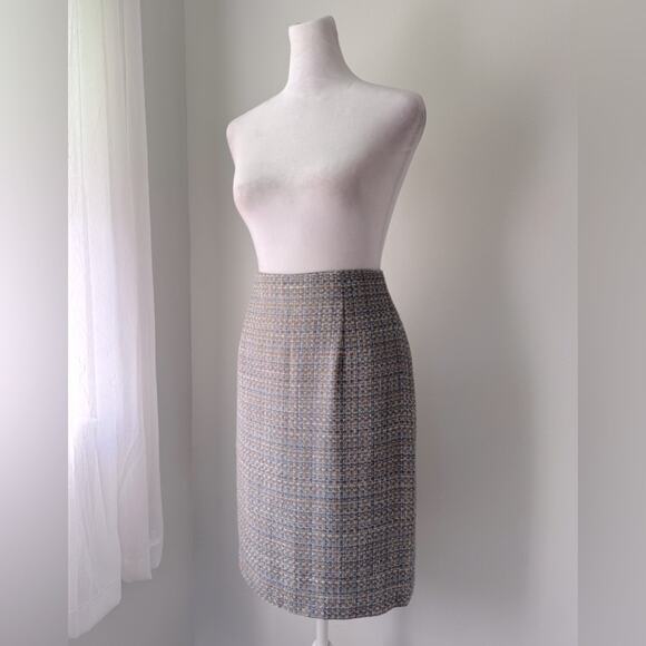 Vintage ‘90s Gianni Petite Light Blue & Brown Textured Knee Length Pencil Skirt - Picture 1 of 8